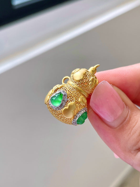 Cuiyu-18k gold inlaid filigree gourd pendant, exquisite gift, elegant temperament